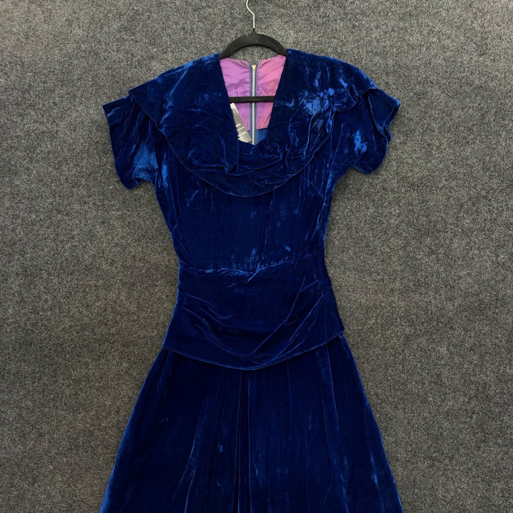 Vintage 1930s Royal Blue Velvet Dress Cowl Neck Peplum Conmar Zipper 30s